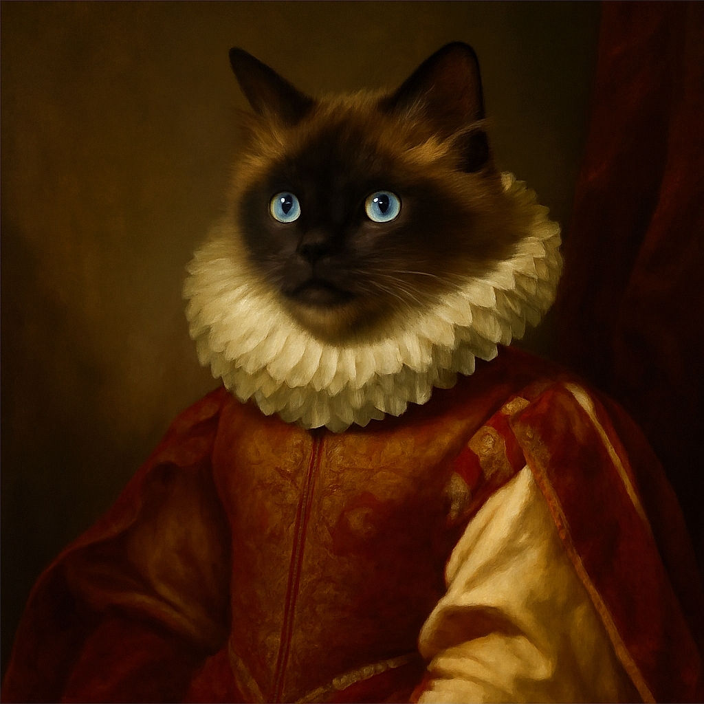 A majestic fluffy cat with piercing blue eyes sits regally on a wooden surface, looking slightly upward with a poised and curious expression. The soft natural light highlights its luxurious fur, while the simple indoor background keeps the focus on the feline royalty.