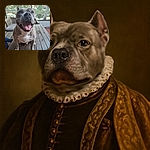A joyful dog with a wide open mouth and tongue out sits on a wooden table, looking directly at the camera with a happy and friendly expression. The background shows outdoor furniture and a serene pond with trees, creating a cozy and relaxed atmosphere.