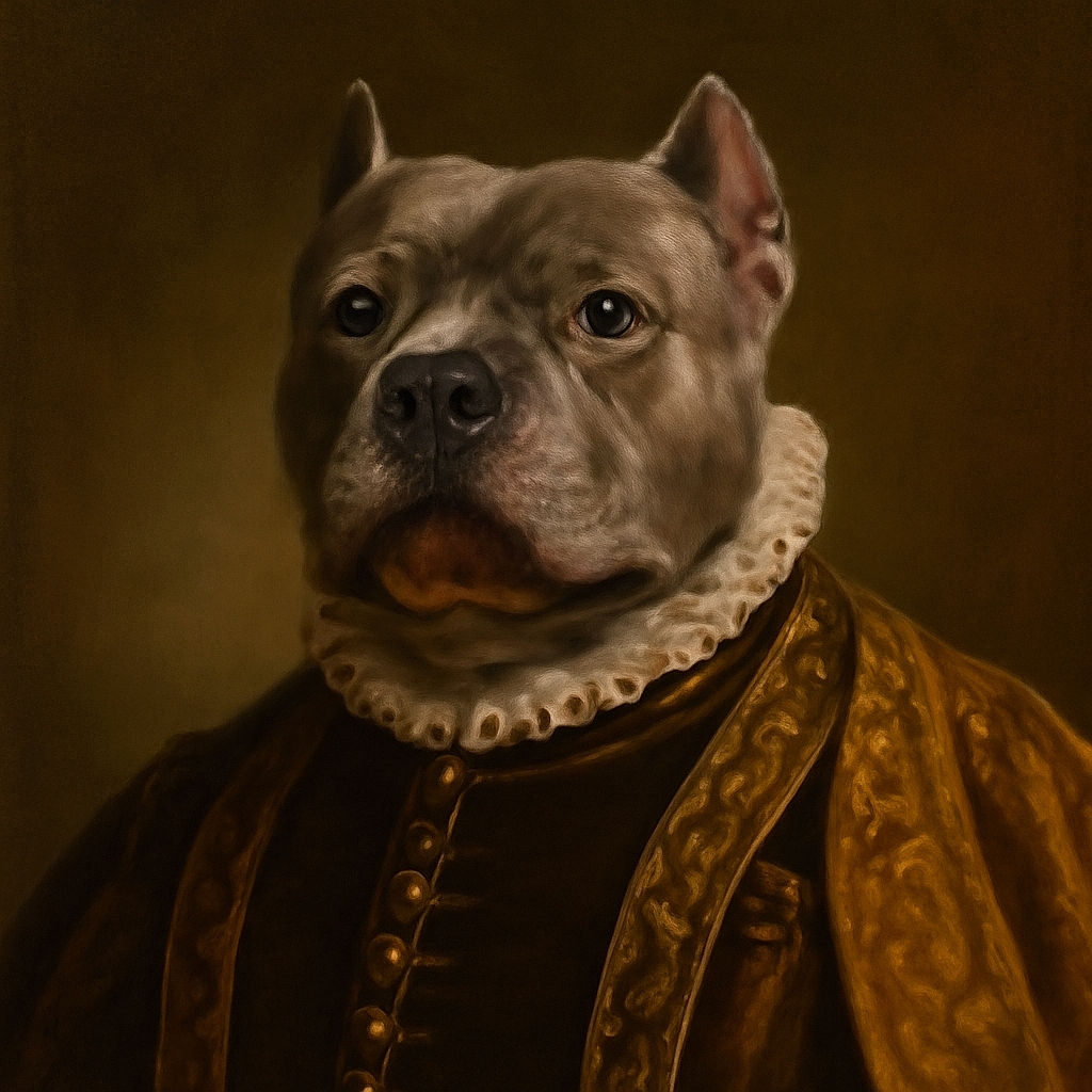 A joyful dog with a wide open mouth and tongue out sits on a wooden table, looking directly at the camera with a happy and friendly expression. The background shows outdoor furniture and a serene pond with trees, creating a cozy and relaxed atmosphere.