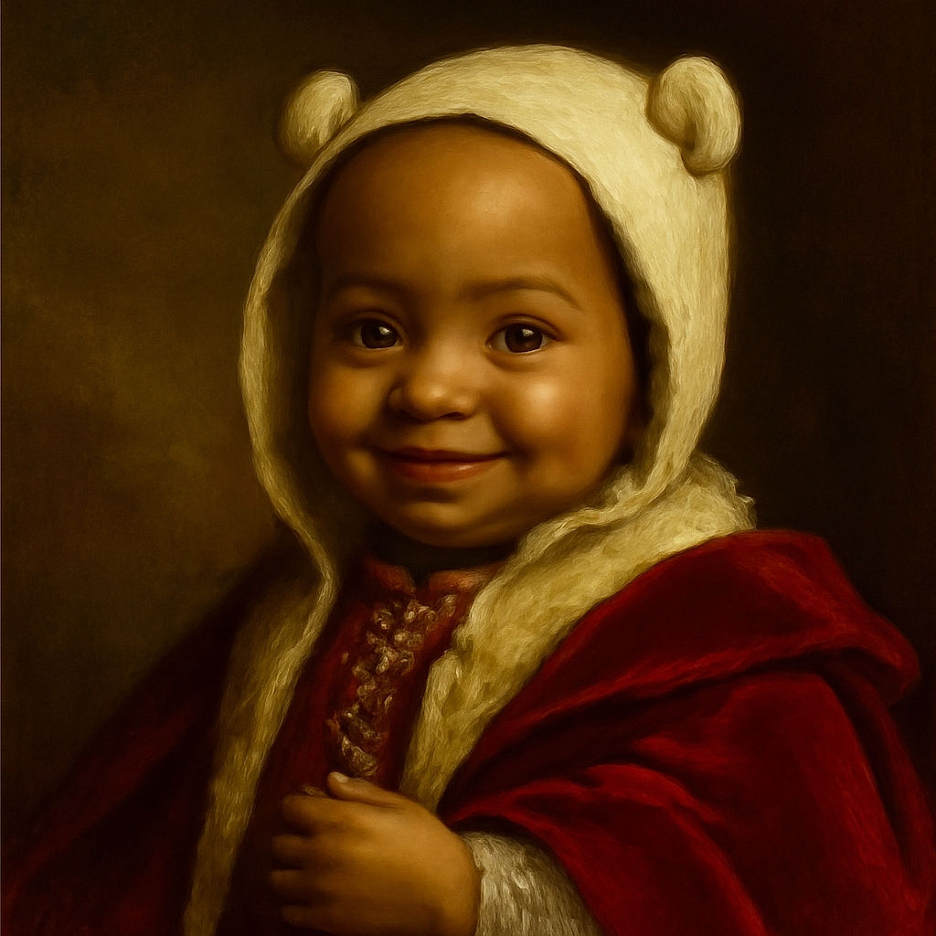 A close-up of a smiling baby bundled in a cozy white knit hoodie with a cute button, eyes sparkling with curiosity, while a gentle hand supports the little one, surrounded by a colorful floral background.