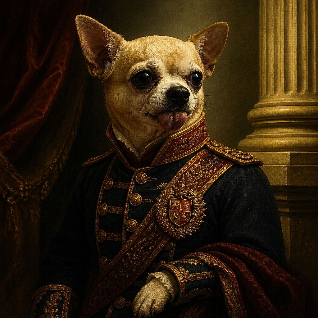 A tiny chihuahua stands proudly on a neon-pink plush toy, tongue out and ears raised like it just heard the neighborhood gossip. Beside it, a tattooed human arm provides moral support while the messy bed in the background completes this delightfully chaotic dog portrait.