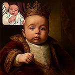 A curious baby wearing a colorful bib with cartoon characters is looking intently at the camera, with a slightly blurred fist in the foreground and a cozy striped and maroon background.