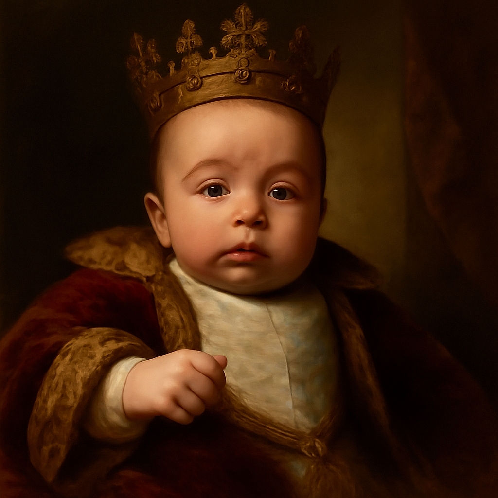 A curious baby wearing a colorful bib with cartoon characters is looking intently at the camera, with a slightly blurred fist in the foreground and a cozy striped and maroon background.