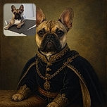 A serious-looking French bulldog sits at the dining table like a tiny, wrinkly restaurant critic, paws planted proudly on the placemat and ears standing tall at attention.