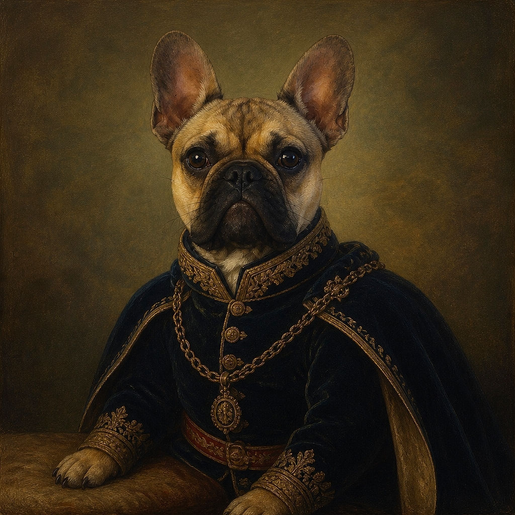 A serious-looking French bulldog sits at the dining table like a tiny, wrinkly restaurant critic, paws planted proudly on the placemat and ears standing tall at attention.