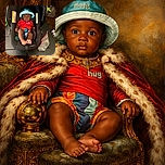 A wide-eyed baby in a red 'hug' t-shirt and colorful shorts, wearing a blue sun hat, sits snugly in a black car seat with a pacifier nearby and a curious expression that screams 'what's next?'.