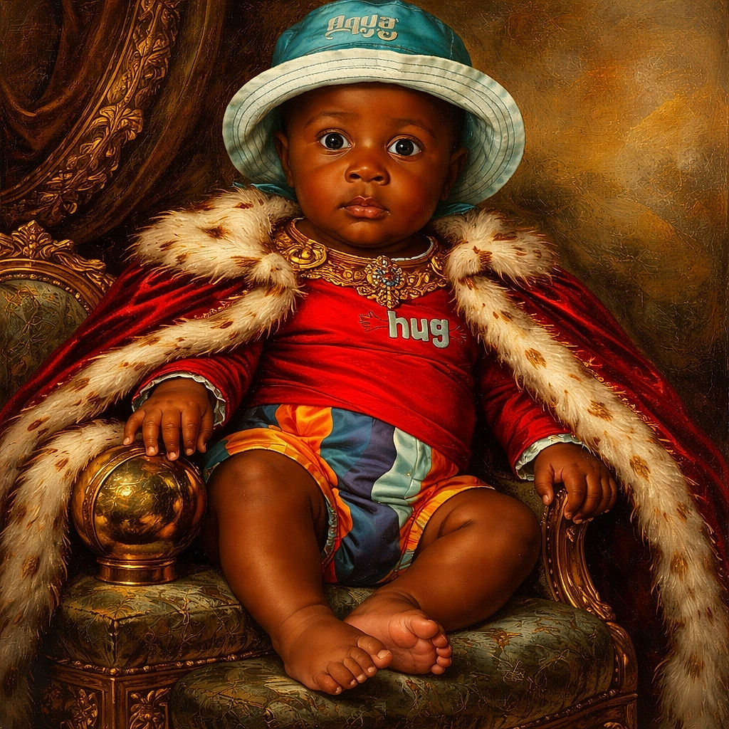 A wide-eyed baby in a red 'hug' t-shirt and colorful shorts, wearing a blue sun hat, sits snugly in a black car seat with a pacifier nearby and a curious expression that screams 'what's next?'.