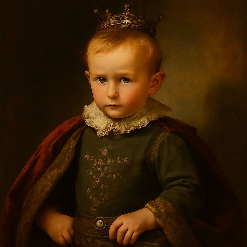 A toddler with a pacifier is lounging on a well-worn brown couch, dressed in a cute fox-themed sweater and patched jeans, looking off to the side as if pondering the mysteries of the universe or just deciding what snack to ask for next.