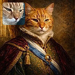 A very close-up ginger cat face staring contemplatively like a tiny, furry philosopher — whiskers on full display, sleepy green eyes half-closed, and a perfectly pink nose stealing the spotlight.