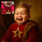 A joyful baby in a bright red onesie with a yellow star and humorous text is grinning widely, showing pure happiness. The background features striped bedding, making the baby the clear focus of this candid and heartwarming moment.