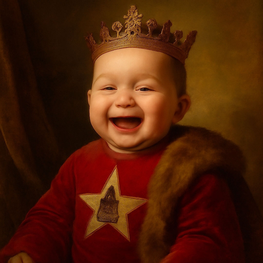 A joyful baby in a bright red onesie with a yellow star and humorous text is grinning widely, showing pure happiness. The background features striped bedding, making the baby the clear focus of this candid and heartwarming moment.