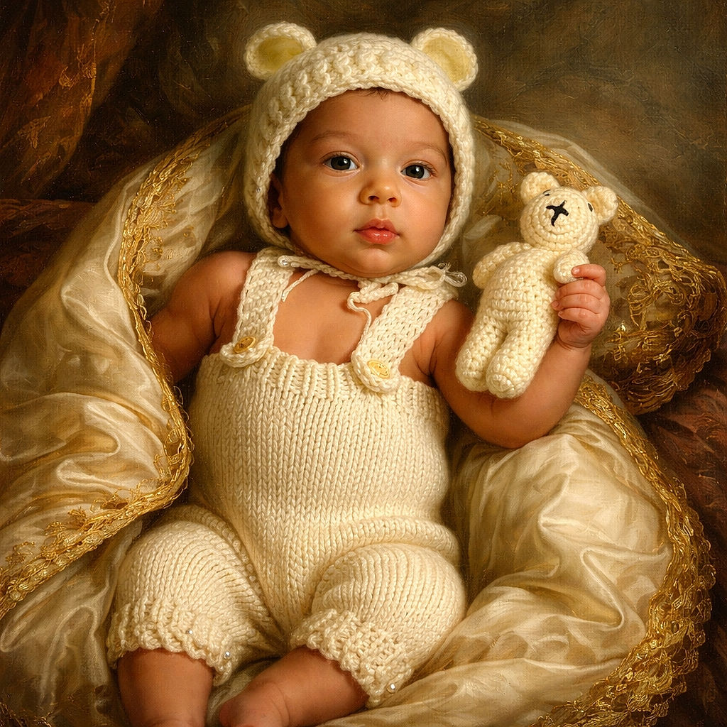A tiny model in a fluffy knit bear outfit lounges like a sleepy royalty next to a matching crocheted teddy — serious face, dramatic hand placement, and toes peeking out like they're ready for their close-up.