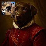 A happy black dog wearing a pinkish shirt stands on a wooden floor indoors, looking up with its tongue out as if ready for a walk or a treat. The dog's leash lays loosely on the floor next to a person wearing blue shoes. The scene is warmly lit with natural light coming from a window in the background.