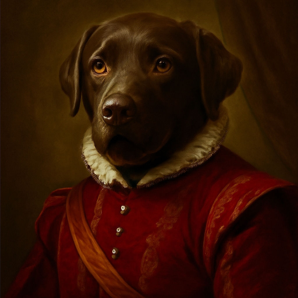 A happy black dog wearing a pinkish shirt stands on a wooden floor indoors, looking up with its tongue out as if ready for a walk or a treat. The dog's leash lays loosely on the floor next to a person wearing blue shoes. The scene is warmly lit with natural light coming from a window in the background.