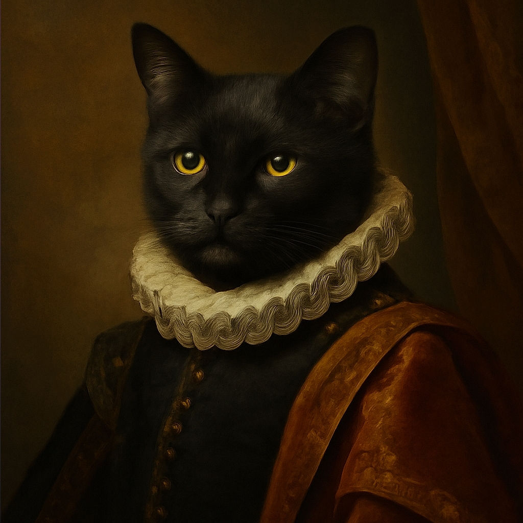 A sleek black cat with piercing yellow eyes lounges regally on a soft beige cushion, set against a rustic wooden backdrop that adds cozy charm to the scene.