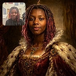 A young person with colorful dreadlocks stands indoors with a subtle smile, wearing a black shirt with a graphic print, set against a backdrop of pastel acoustic panels and a classroom environment.