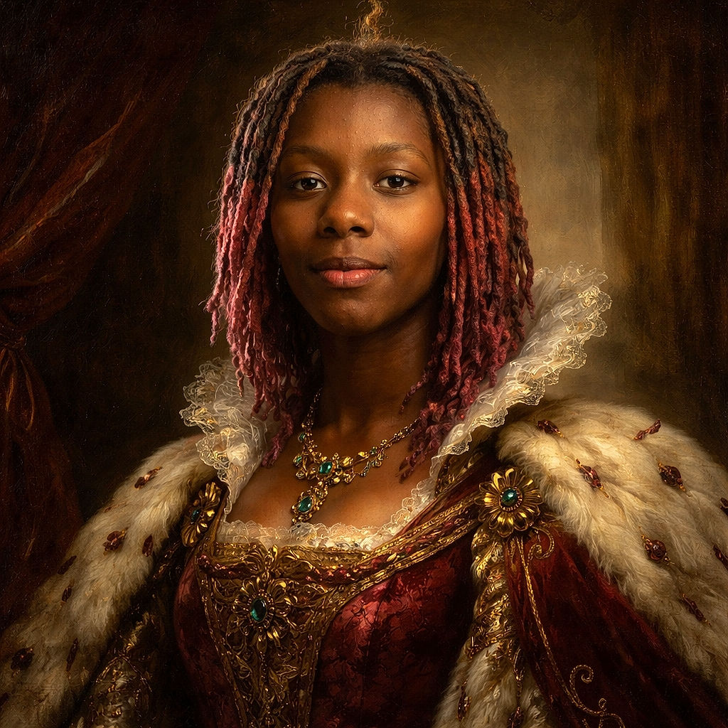 A young person with colorful dreadlocks stands indoors with a subtle smile, wearing a black shirt with a graphic print, set against a backdrop of pastel acoustic panels and a classroom environment.