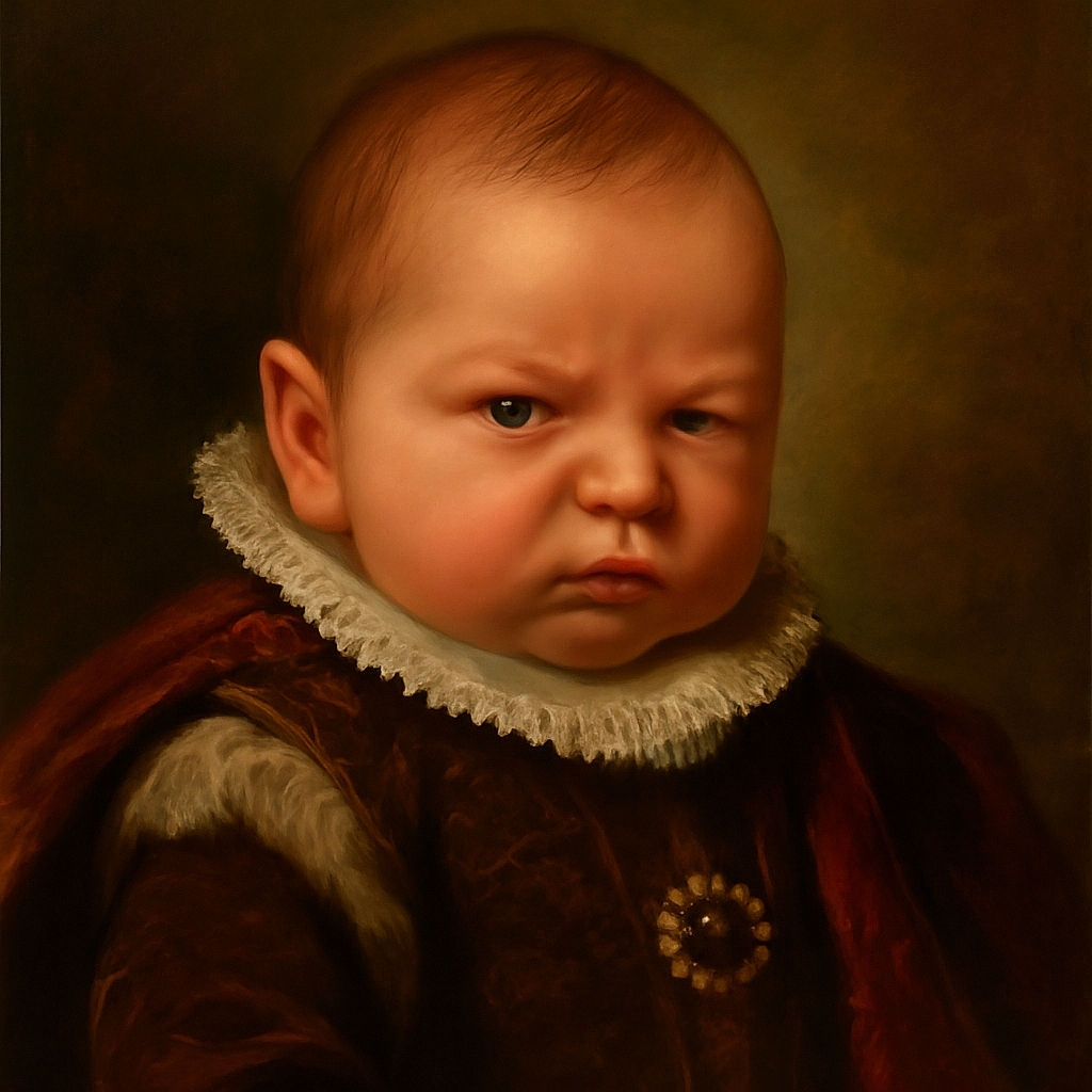 A close-up photo of a newborn baby resting on an adult's chest, with a curious and slightly scrunched expression, capturing a tender and intimate moment.