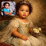 A toddler with curly hair wearing a blue shirt sits on a bed surrounded by blankets, holding a transparent object and looking curiously at the camera, with a cozy and casual indoor background.