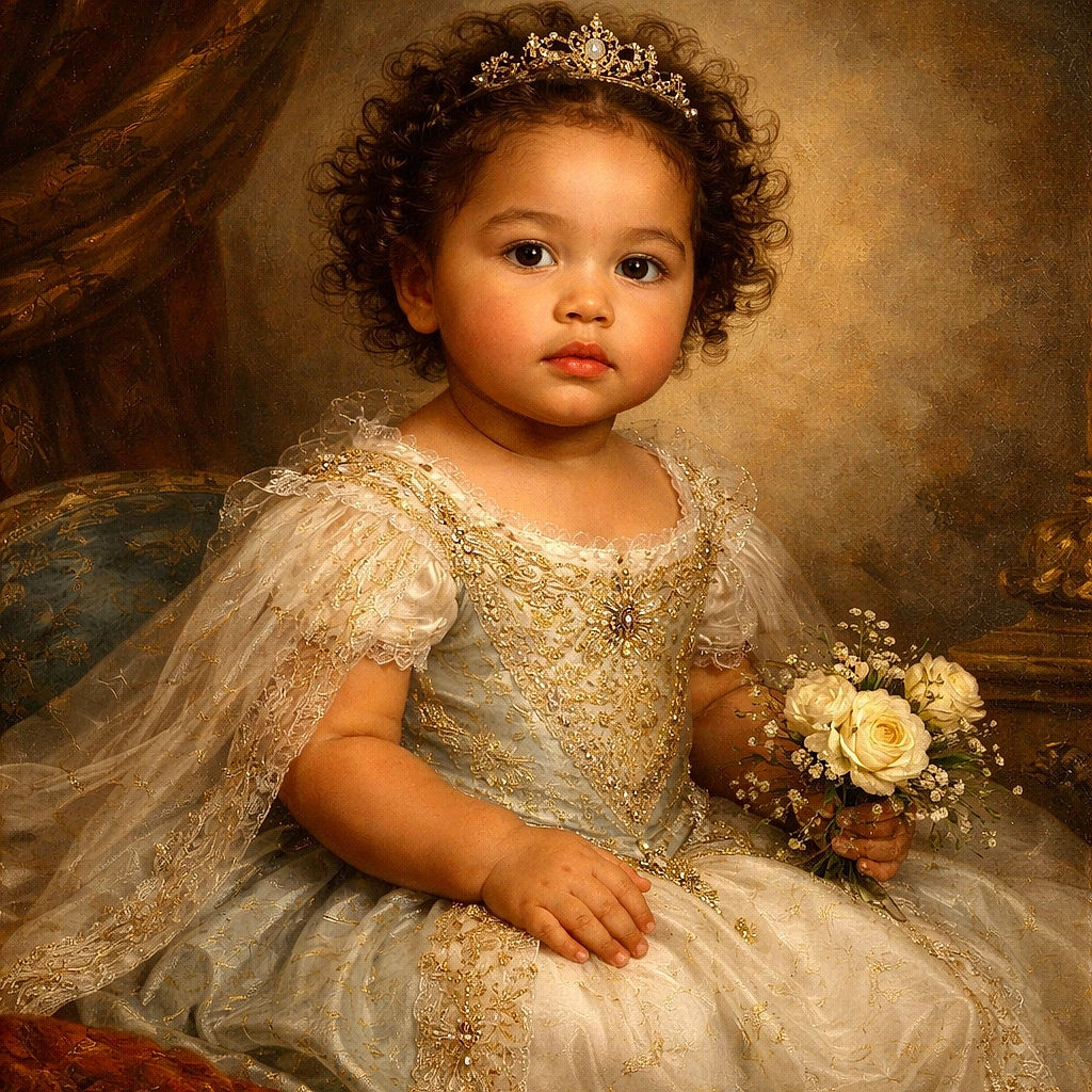 A toddler with curly hair wearing a blue shirt sits on a bed surrounded by blankets, holding a transparent object and looking curiously at the camera, with a cozy and casual indoor background.
