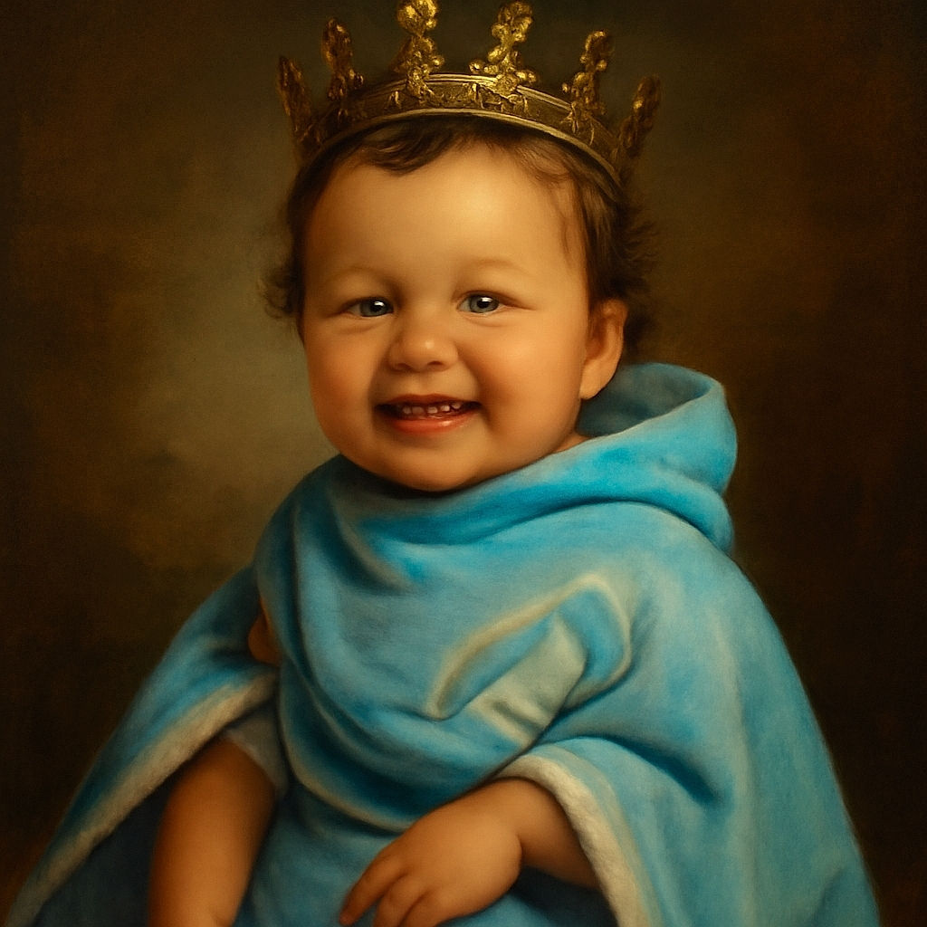 A cheerful toddler wrapped in a cozy blue hooded towel sits comfortably outdoors, flashing a toothy grin with a couple of baby teeth missing. Behind the child, a vibrant yellow pot filled with bright pink flowers adds a splash of color to the serene garden setting.