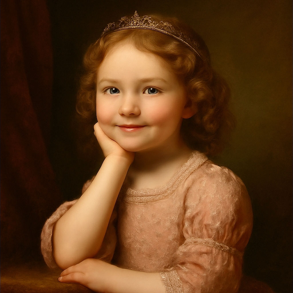 A charming young child with curly hair and a butterfly-patterned shirt poses sweetly at a wooden table in a cozy kitchen, with colorful drawings pinned on the fridge behind.