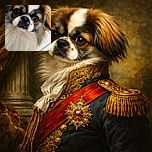 A fluffy dog with soulful eyes and a curious expression stares directly at the camera, framed by soft fur and a cozy indoor setting with tiled flooring and a hint of green in the foreground.