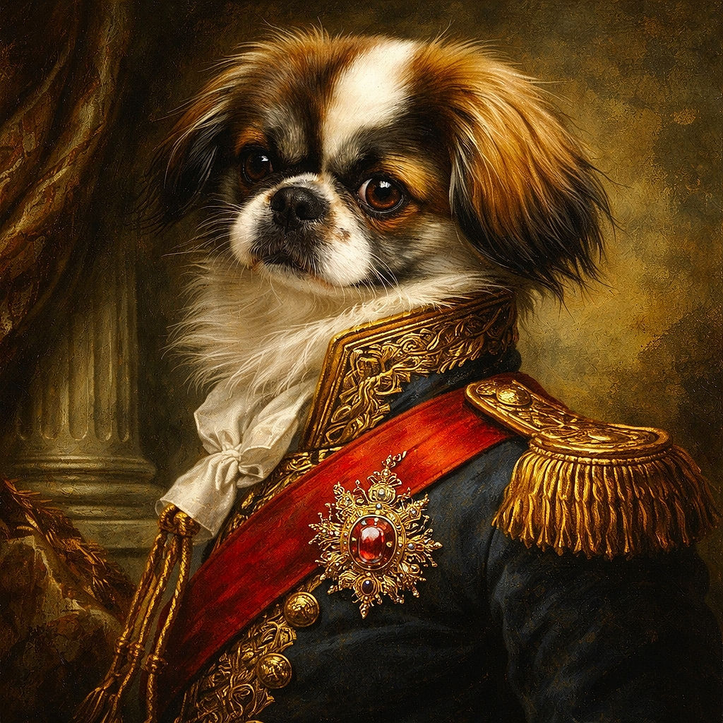 A fluffy dog with soulful eyes and a curious expression stares directly at the camera, framed by soft fur and a cozy indoor setting with tiled flooring and a hint of green in the foreground.