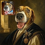 A delighted, wide-eyed dog leans into the camera with a nose nearly big enough to have its own zip code, tongue flopped out in a joyful grin and colorful bandana adding maximum party energy. Hardwood floors and a cozy home setting complete the scene.
