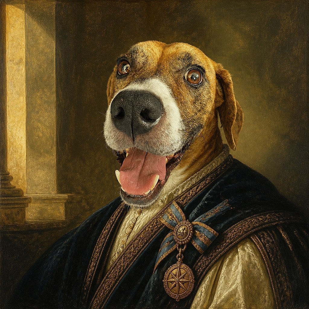 A delighted, wide-eyed dog leans into the camera with a nose nearly big enough to have its own zip code, tongue flopped out in a joyful grin and colorful bandana adding maximum party energy. Hardwood floors and a cozy home setting complete the scene.