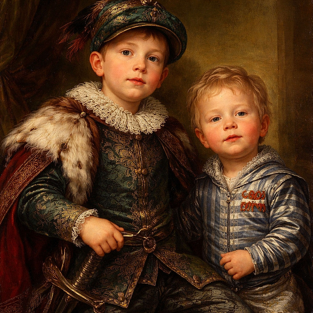 Two little rascals in front of a wooden gate — one sitting solemn in a camo set and cap, the other standing mid-squint/stick-out-tongue like he just tasted a lemon. Stone pillar, mossy step and grass complete the backyard scene; pure chaotic charm.