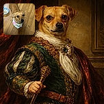 A small brown dog wearing a colorful bandana looks up with big, soulful eyes on a wooden floor near a blue and white bowl of dog food. The photo is clear and well-lit, capturing the dog's curious and sweet expression.