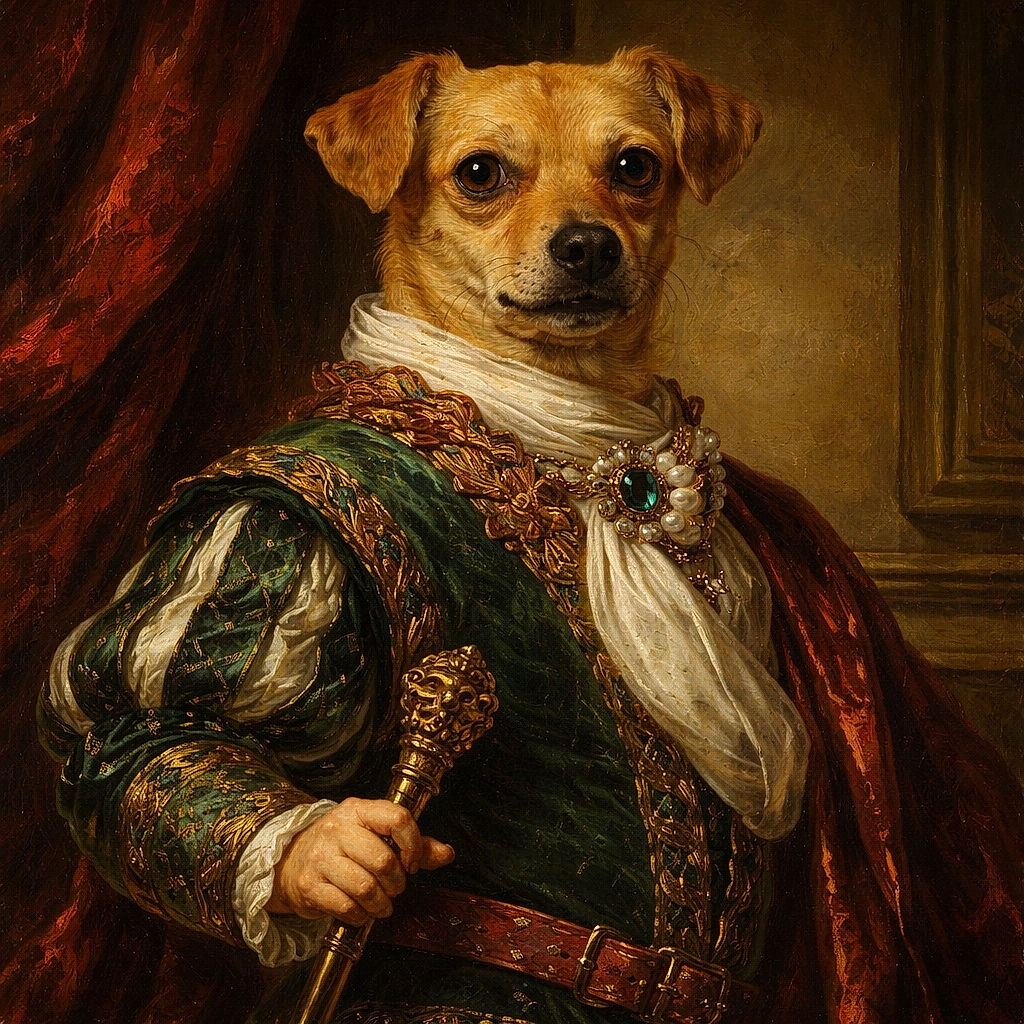 A small brown dog wearing a colorful bandana looks up with big, soulful eyes on a wooden floor near a blue and white bowl of dog food. The photo is clear and well-lit, capturing the dog's curious and sweet expression.
