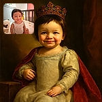 A cheerful baby sitting in a crib with a bright smile, wearing a cute onesie that says 'Mama's Little Mama'. The background shows a cozy nursery with soft lighting, a plush toy, and patterned bedding with suns and rainbows.