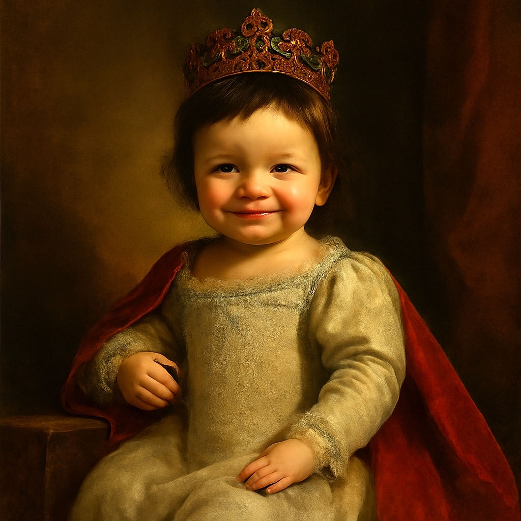 A cheerful baby sitting in a crib with a bright smile, wearing a cute onesie that says 'Mama's Little Mama'. The background shows a cozy nursery with soft lighting, a plush toy, and patterned bedding with suns and rainbows.