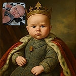 A serene baby with big blue eyes lies comfortably on a black and white checkered blanket, gazing curiously at the camera with a relaxed arm behind the head, wrapped in a cozy gray outfit.