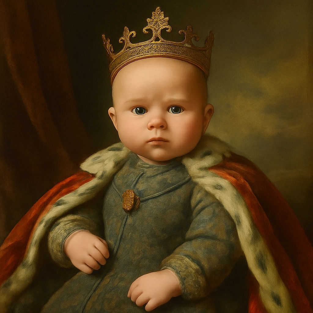 A serene baby with big blue eyes lies comfortably on a black and white checkered blanket, gazing curiously at the camera with a relaxed arm behind the head, wrapped in a cozy gray outfit.