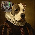 A cozy close-up selfie featuring a large dog with a white and gray face, snuggling closely with a person partially visible in the background. The image is grainy and tilted, with green text overlay saying 'I do fits...'.