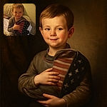A young boy sitting on a bed holding a pair of cowboy boots decorated with the American flag. The photo is slightly blurry and dimly lit, giving it a cozy but casual snapshot feel.