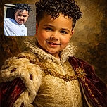 A cheerful young boy with curly hair beams brightly at the camera, standing outdoors in front of a brick wall and a door. His playful pose and sunny smile radiate pure joy on a clear day.