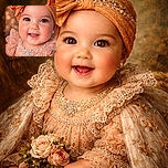 A close-up of an adorable baby with sparkling brown eyes, wearing a peach lace dress adorned with pearls and a matching headwrap, smiling joyfully against a warm, bokeh-filled background.