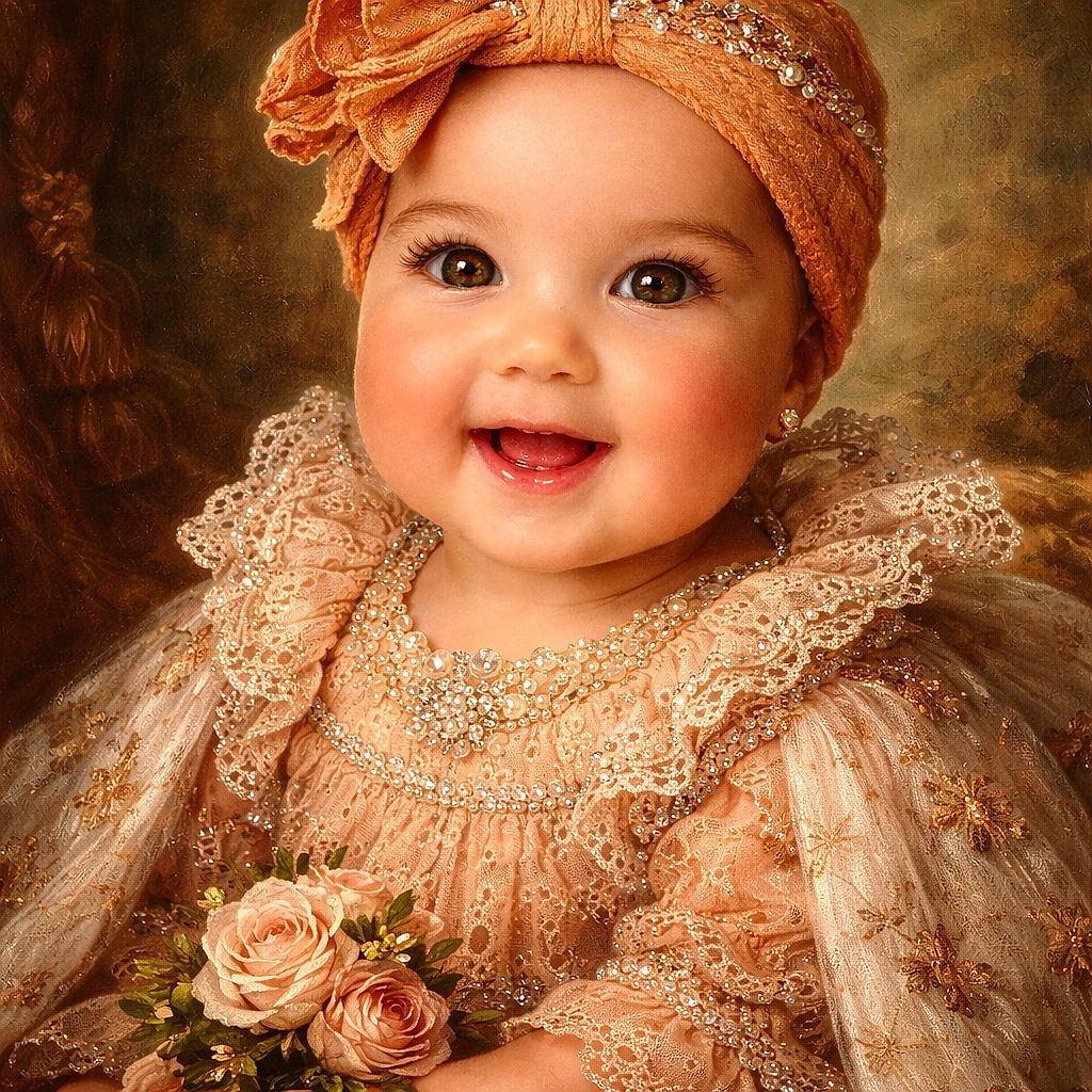 A close-up of an adorable baby with sparkling brown eyes, wearing a peach lace dress adorned with pearls and a matching headwrap, smiling joyfully against a warm, bokeh-filled background.