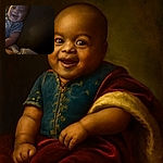 A joyful baby lying on a dark pillow, smiling brightly with a gleam in their eyes, wrapped partially in a cozy blanket with a soft, dimly lit background.