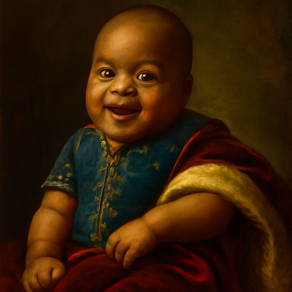 A joyful baby lying on a dark pillow, smiling brightly with a gleam in their eyes, wrapped partially in a cozy blanket with a soft, dimly lit background.