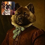 A fluffy dog with a thick coat and a mint-green scarf around its neck sits happily indoors, tongue out and looking content. The cozy room features wooden flooring, a bookshelf filled with various items, a sunflower bouquet in the background, and a jacket hanging on a chair.