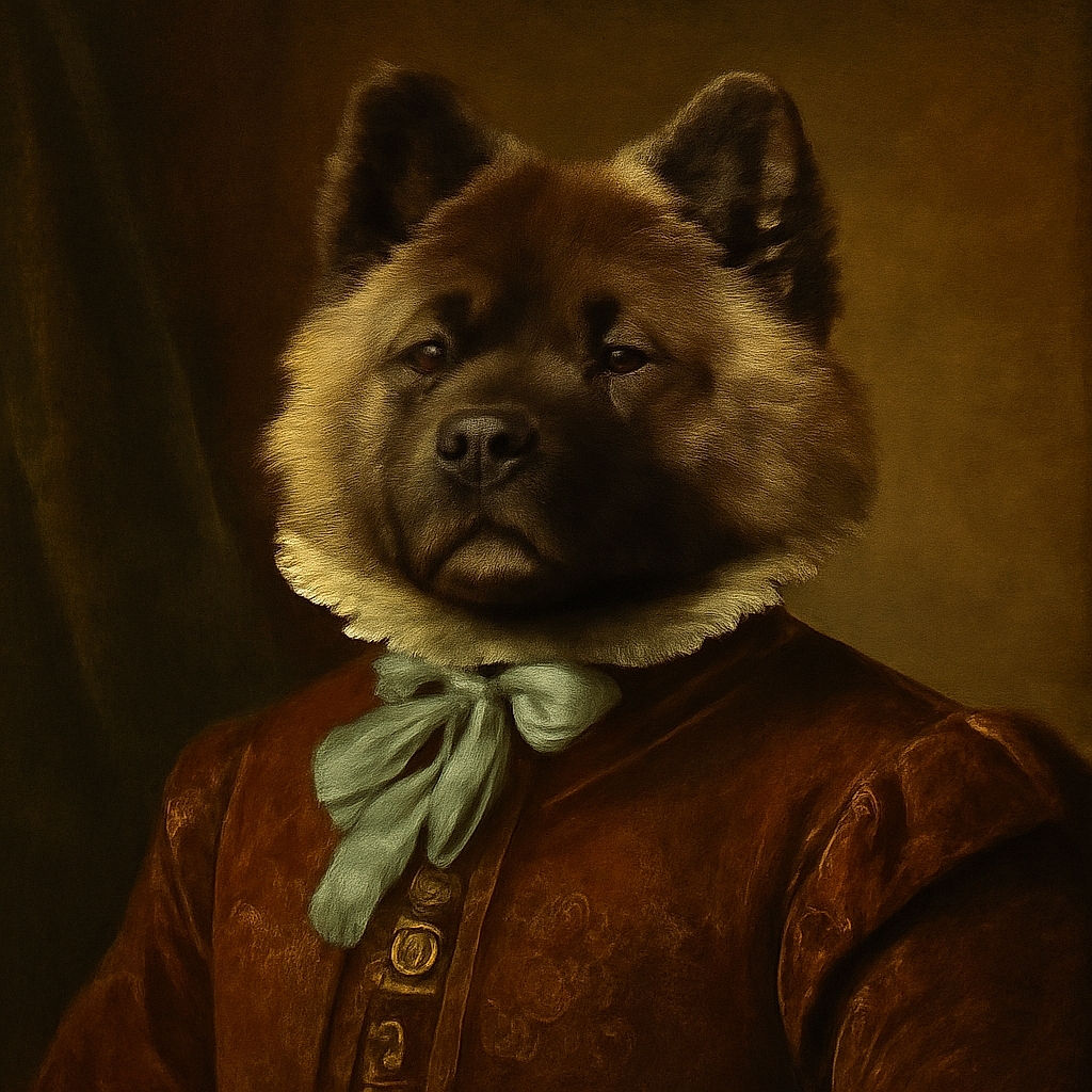 A fluffy dog with a thick coat and a mint-green scarf around its neck sits happily indoors, tongue out and looking content. The cozy room features wooden flooring, a bookshelf filled with various items, a sunflower bouquet in the background, and a jacket hanging on a chair.