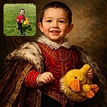 A cheerful young child wearing a festive red sweater with a Santa face, holding a yellow stuffed duck toy, is caught mid-step on a lush green lawn with houses and trees in the background under a bright sky.