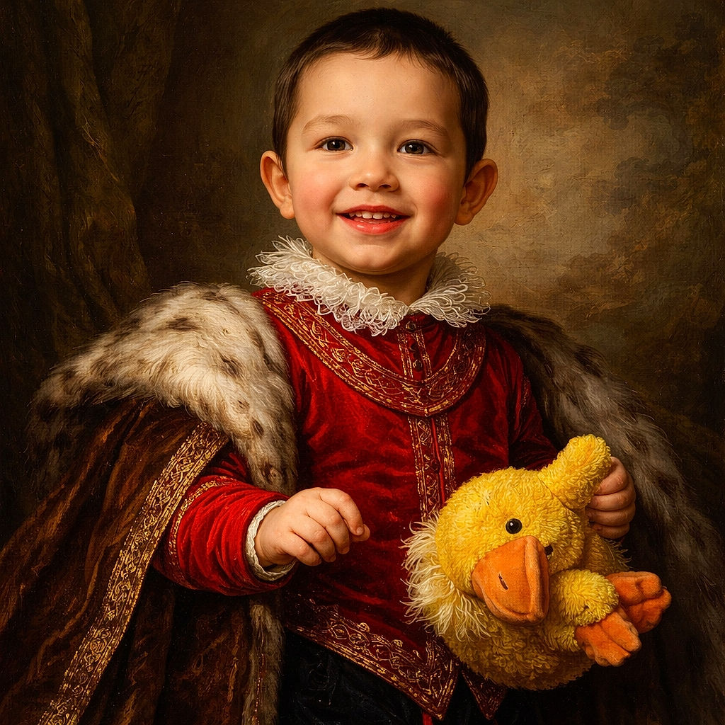 A cheerful young child wearing a festive red sweater with a Santa face, holding a yellow stuffed duck toy, is caught mid-step on a lush green lawn with houses and trees in the background under a bright sky.