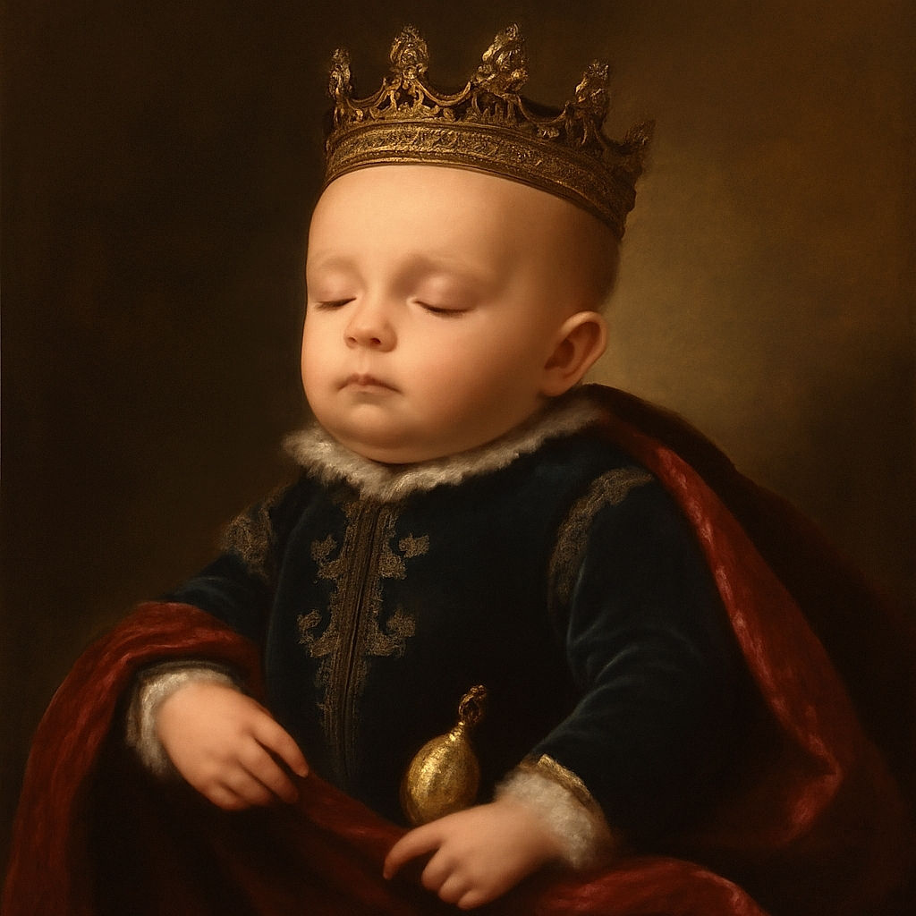 A peacefully sleeping baby bundled in cozy blankets and a festive Mickey Mouse sweater, holding a pacifier, radiating pure holiday cuteness and warmth.