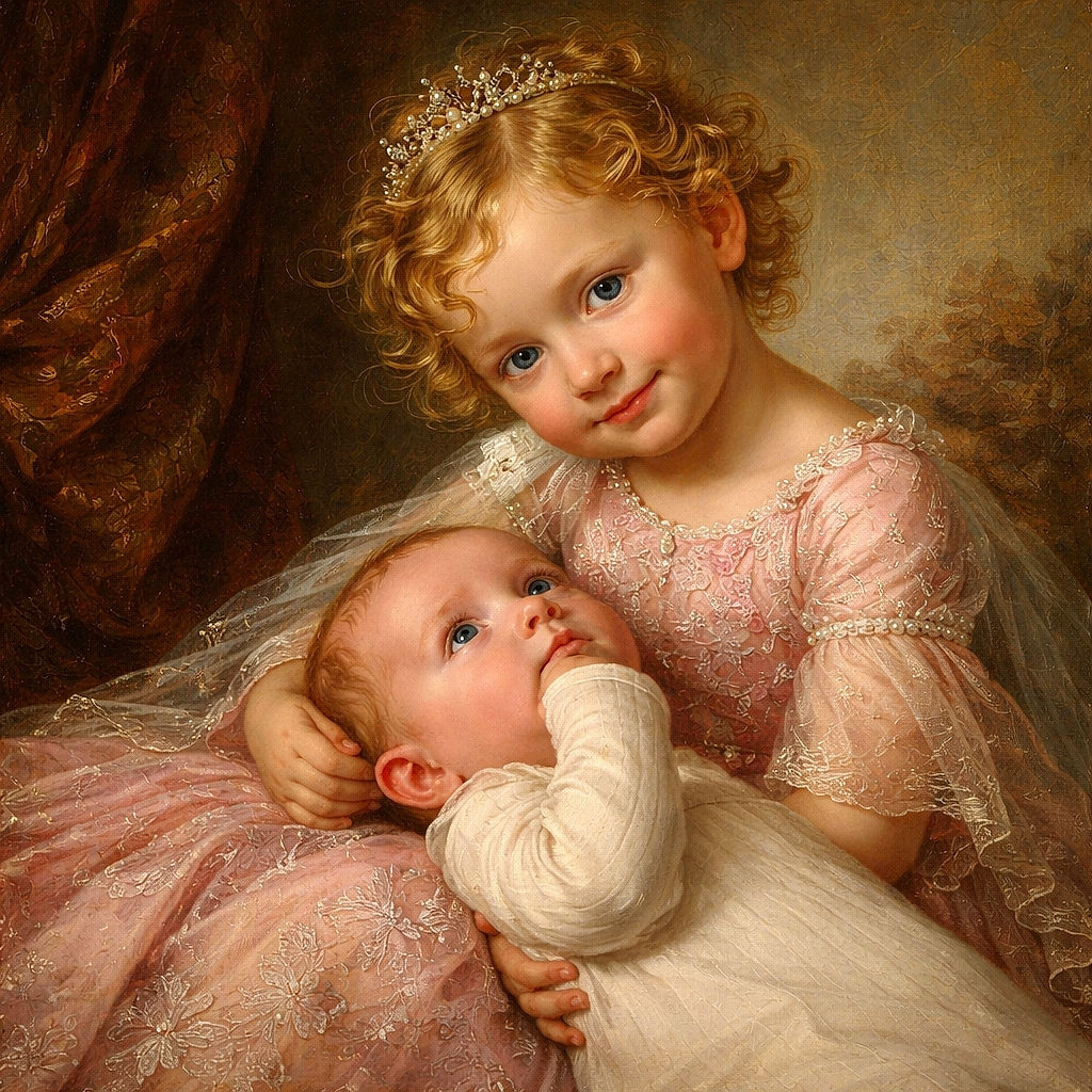 A curious toddler leans over like a tiny detective to examine a newborn, surrounded by a chip bag, wipes, bottles and a cozy pile of blankets — equal parts sibling love and living-room chaos.